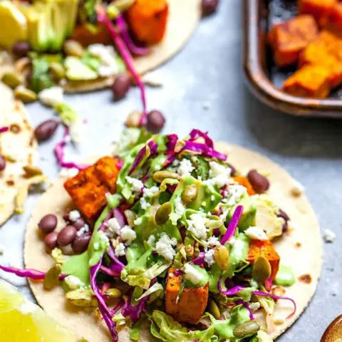 Roasted Sweet Potato Tacos with Brussels Sprout Slaw