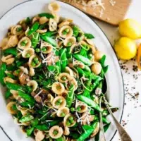 Spring Orecchiette Pasta with Burrata, Fresh Peas & Asparagus