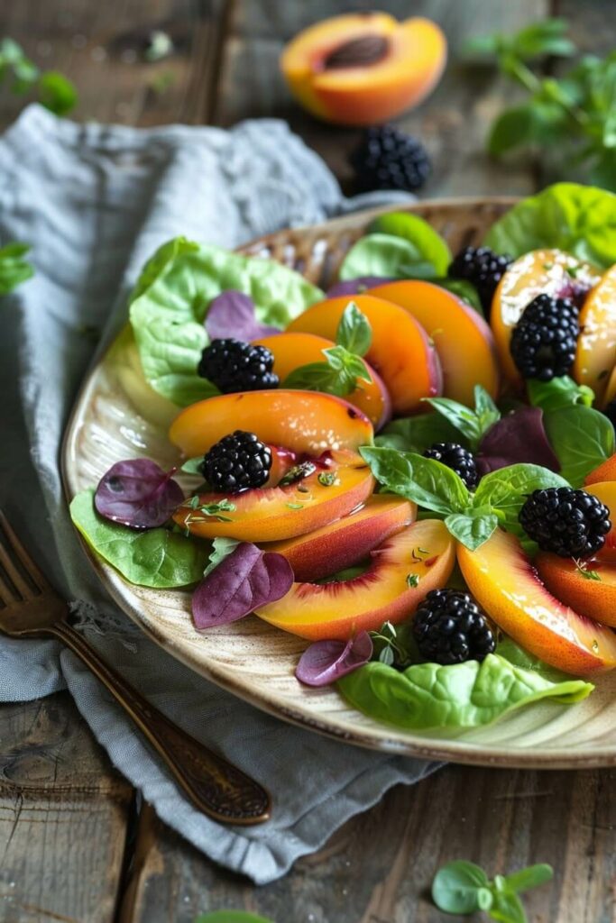Salad with Nectarines and Blackberries on a Parmesan Plate